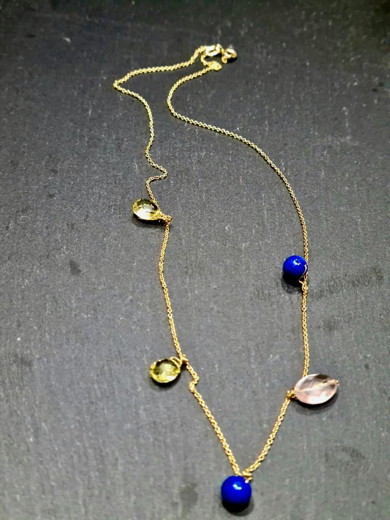 Blue Agate, Citrine and Rose Quartz Necklace